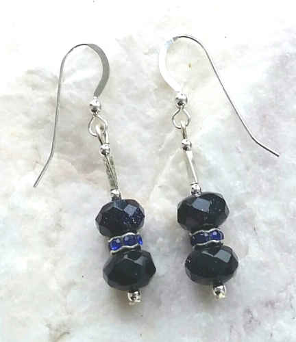 Blue Goldstone And Crystal Silver Gem Earrings