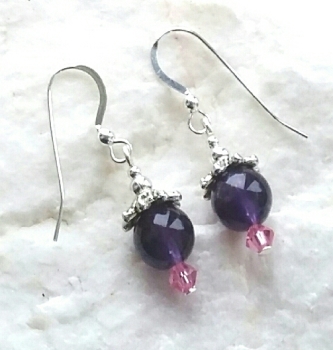 Amethyst Gemstone And Pink Swarovski Crystal Silver Earrings
