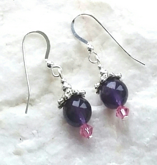 Amethyst Decorative Gemstone And Pink Swarovski Crystal Silver Earrings