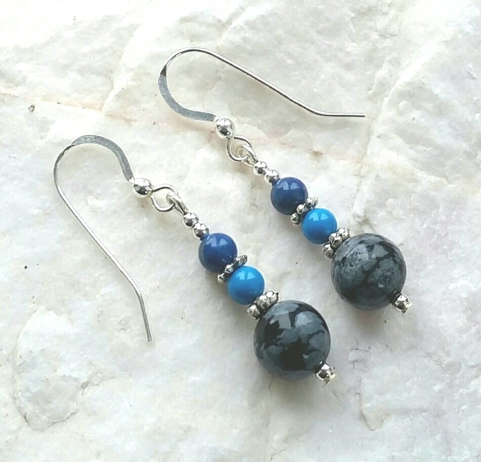 Snowflake Obsidian Lapis And Turquoise Silver Gemstone Earrings