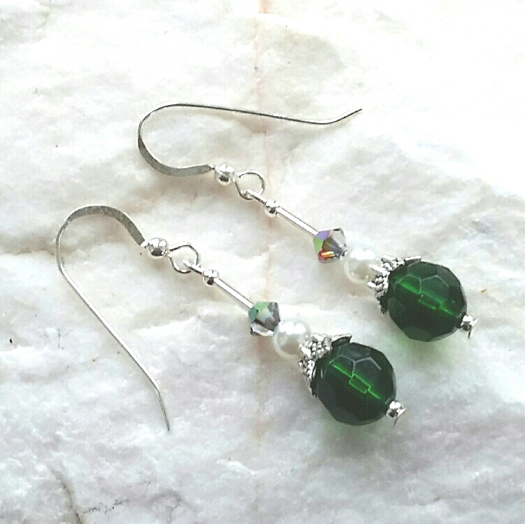Faceted Emerald Crystal Silver Earrings