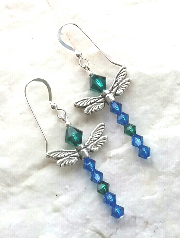 Emerald And Sapphire Swarovski Crystal Dragonfly Silver Earrings