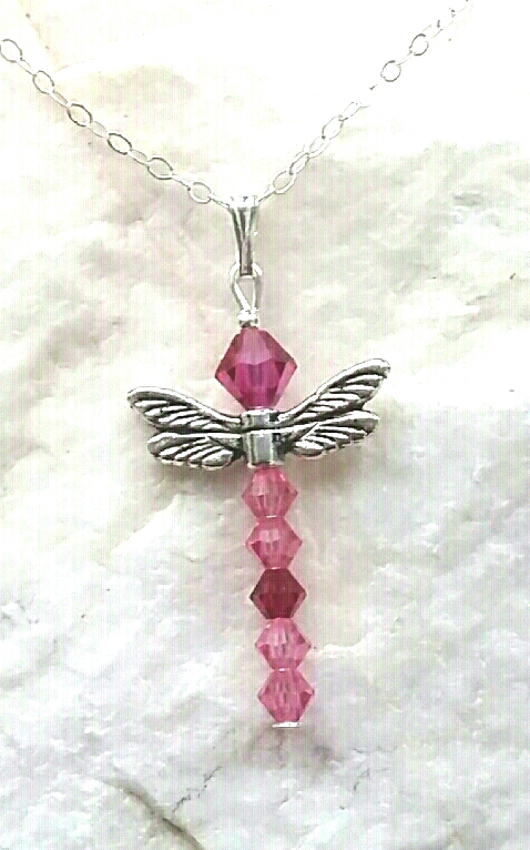 Pink Swarovski Crystal Dragonfly Sterling Silver Necklace