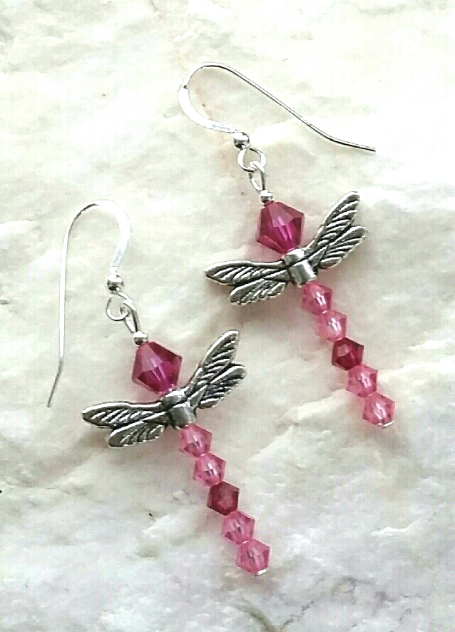 Pink Dragonfly Swarovski Crystal Sterling Silver Earrings