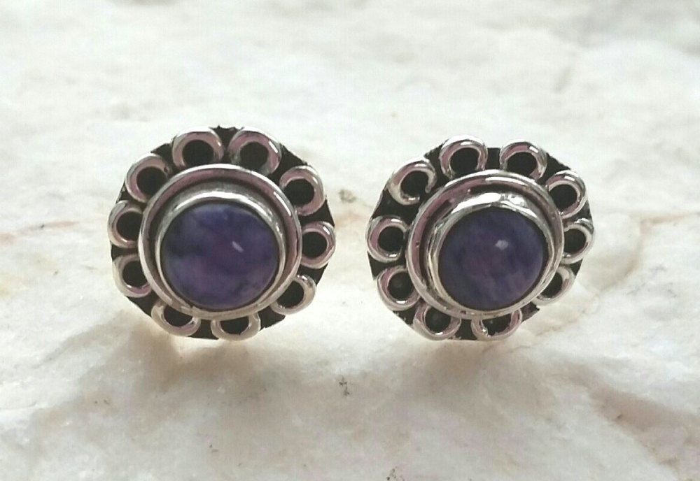 Lilac Charoite Stud Sterling Silver Earrings