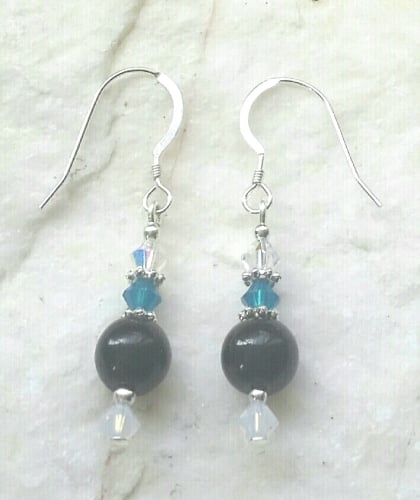 Black Onyx Gemstone And Swarovski Crystal Sterling Silver Earrings