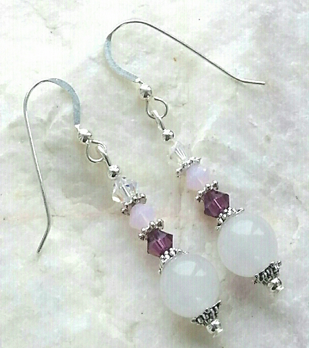Moonstone Amethyst And Pink Opal Gemstine Earrings