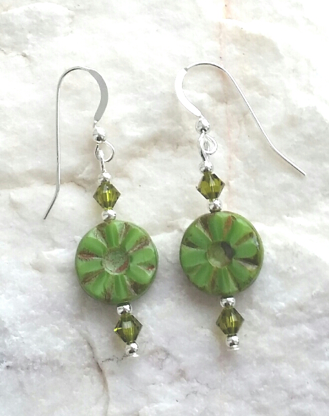 Green Flower Swarovski Crystal Silver Earrings