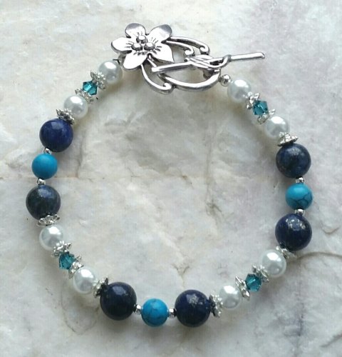 Turquoise And Lapis Gemstone Silver Pearl Bracelet
