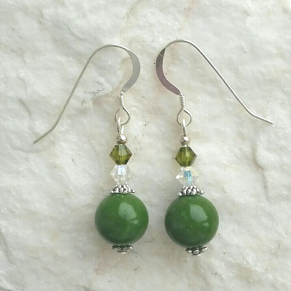 Green Jade And Swarovski Crystal Silver Gemstone Earrings
