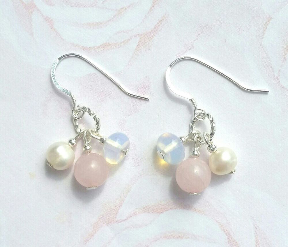 Rose Quartz Opalite And Pearl Sterling Silver Earrings