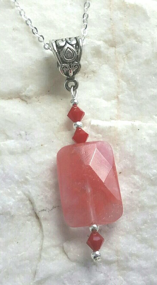 Cherry Quartz Gemstone And Coral Crystal Silver Necklace