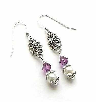 Amethyst Gem And Pearl Sterling Silver Ornate Earrings