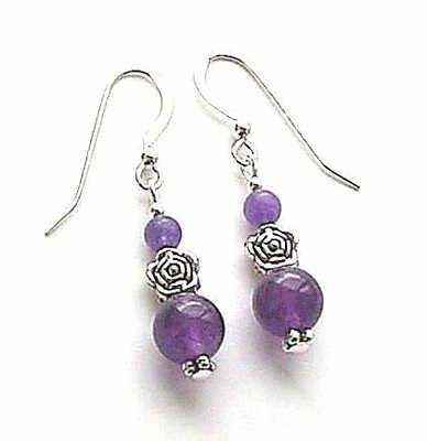 Amethyst With Purple Jade Gemstone Silver Rose Earrings