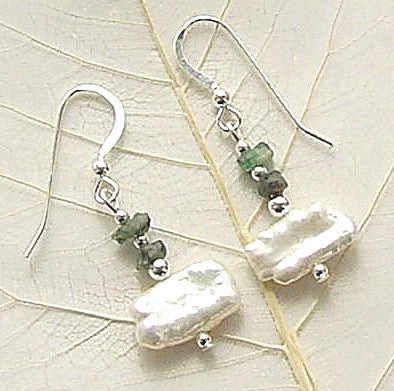 Beautiful Biwa Pearl And Emerald Sterling Silver Earrings