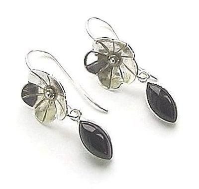 Black Onyx Flower Sterling Silver Earrings