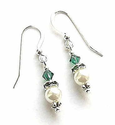 Emerald And Pearl Swarovski Sterling Silver Earrings