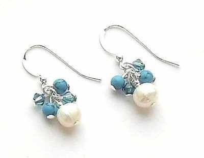 Freshwater Pearl And Turquoise Cluster Sterling Silver Earrings