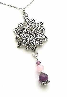 Amethyst Rose Quartz Silver Gemstone Flower Necklace
