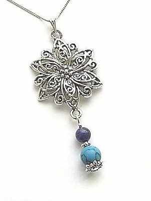 Turquoise And Lapis Flower Sterling Silver Necklace