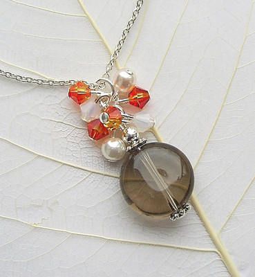 Smoky Quartz Coin And Fire Opal Cluster Silver Gemstone Necklace