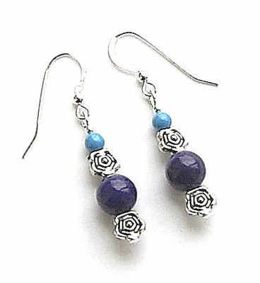 Lapis And Turquoise Rose Silver Gemstone Earrings