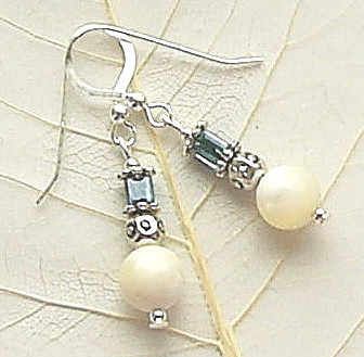 MOTHER OF PEARL AND AQUAMARINE CUBE STERLING SILVER EARRINGS