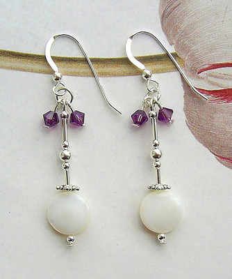 MOTHER OF PEARL COIN AND AMETHYST STERLING SILVER EARRINGS