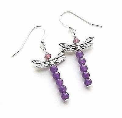 Purple Jade Dragonfly Sterling Silver Earrings