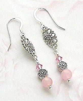 Rose Quartz Flower Gemstone Silver Earrings