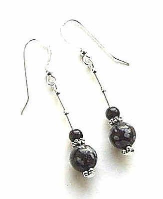 Snowflake Obsidian And Black Onyx Bali Gemstone Silver Earrings