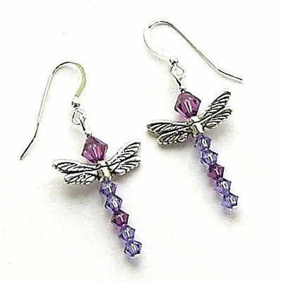 Tanzanite And Amethyst Dragonfly Crystal Sterling Silver Earrings