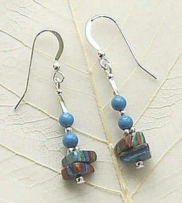 Turquoise And Rainbow Calsillica Gemstone Sterling Silver Bali Earrings