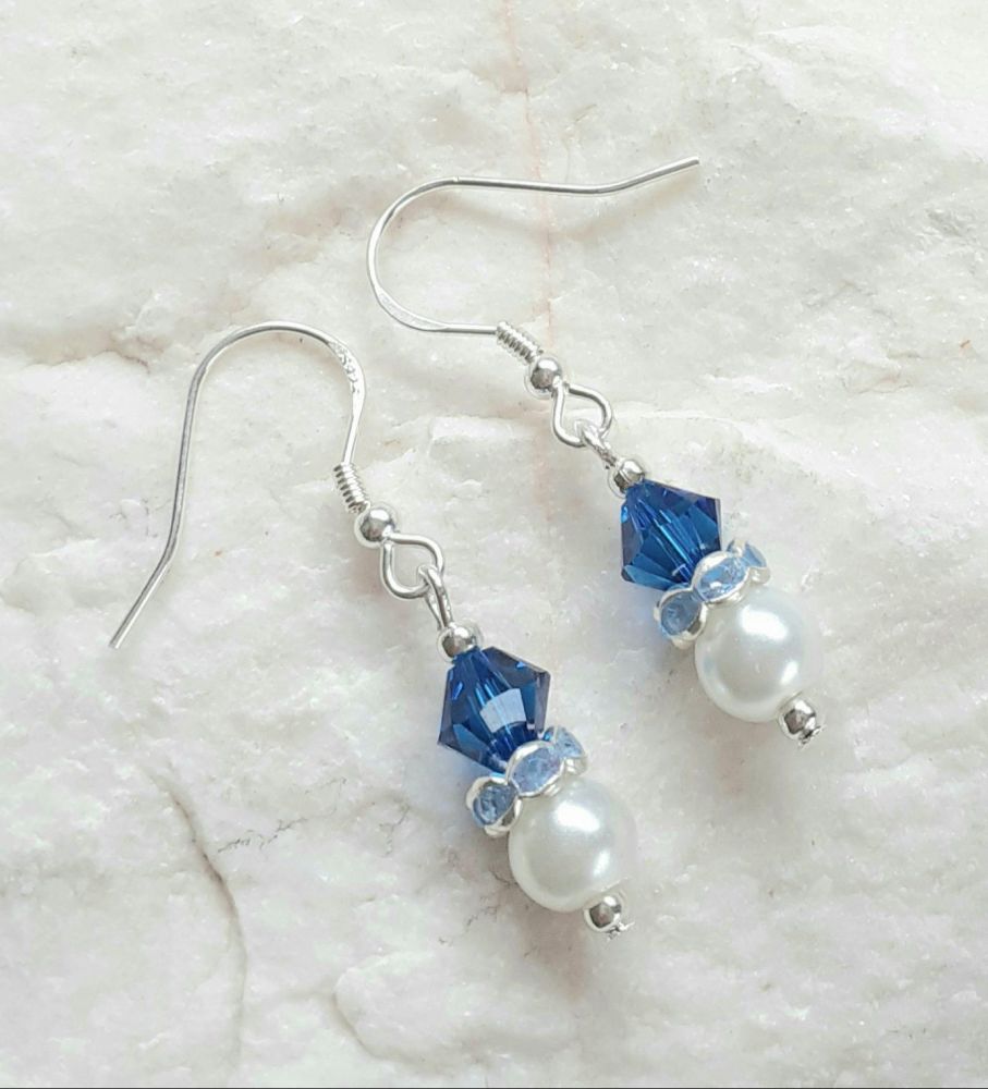 Sapphire And Pearl Swarovski Sterling Silver Earrings