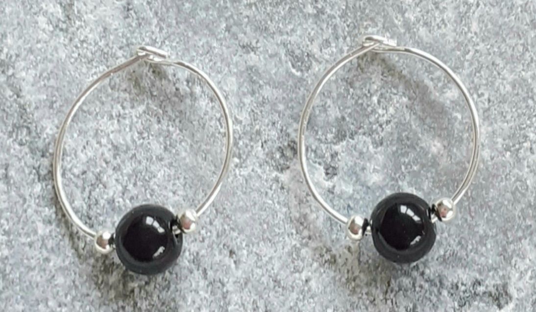 Black Onyx Hoop Sterling Silver Earrings