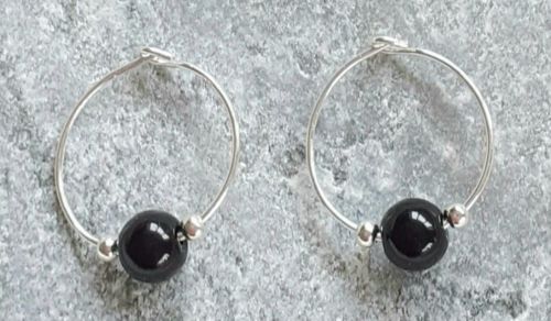 Black Onyx Hoop Sterling Silver Earrings