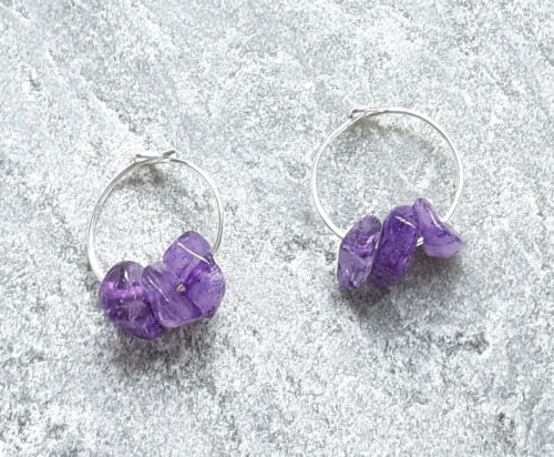 Amethyst Gemstone Hoop Sterling Silver Earrings