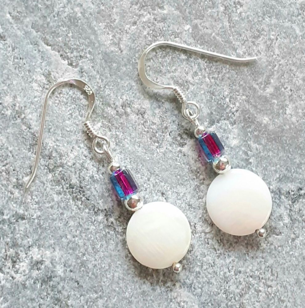 Mother Of Pearl Coin Violet Cube Silver Earrings