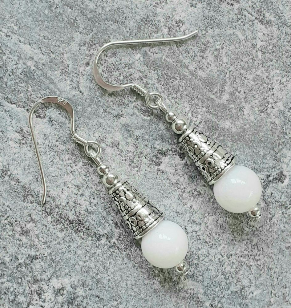 Bali White Jade Sterling Silver Gemstone Earrings