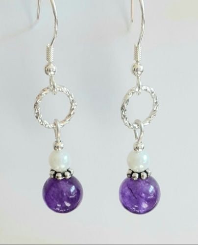 Amethyst Gem And Pearl Sterling Silver Earrings
