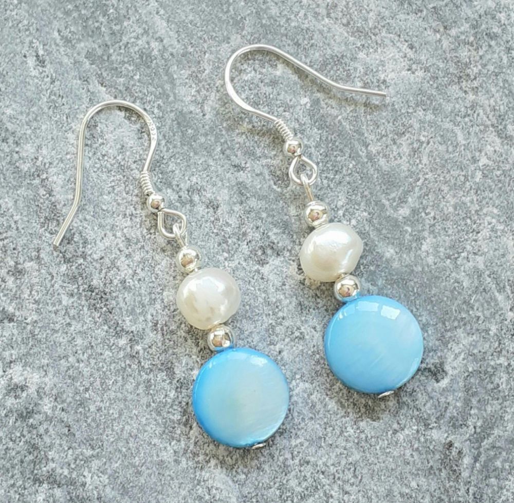 Blue Mother Of Pearl Coin Silver Earrings