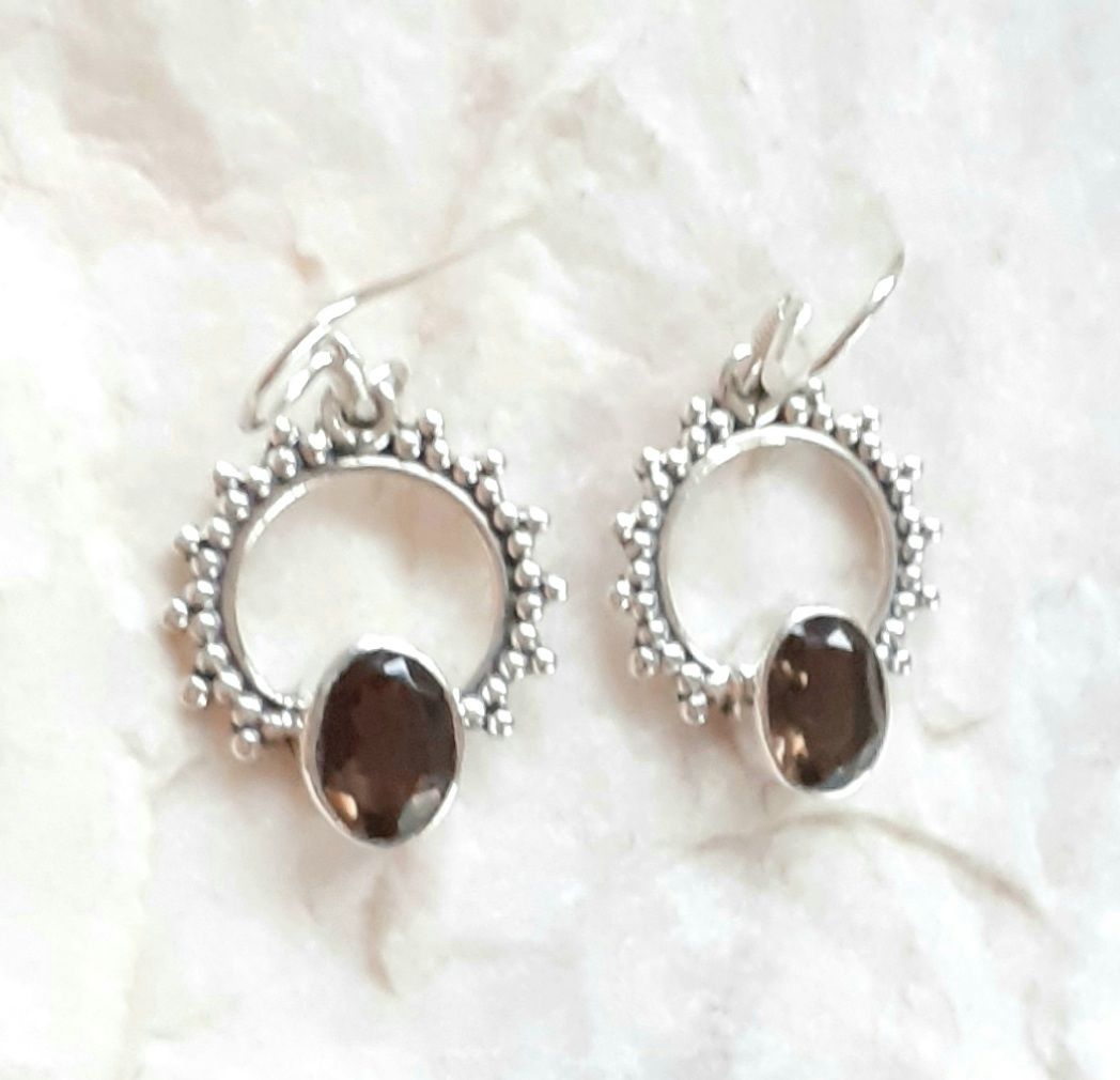 Smoky Quartz Decorative Sterling Silver Earrings