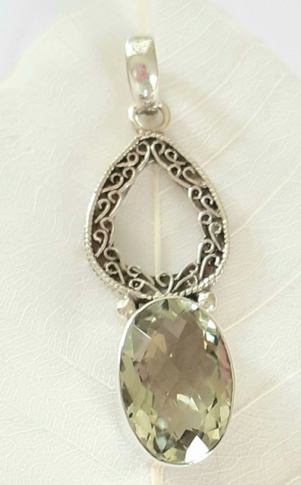 Green Amethyst Faceted Decorative Sterling Silver Pendant