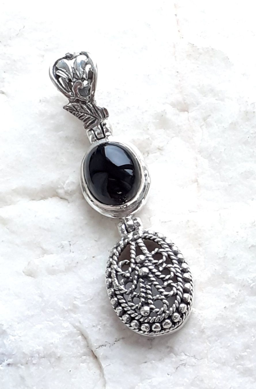Black Onyx Carved Gemstone Silver Pendant
