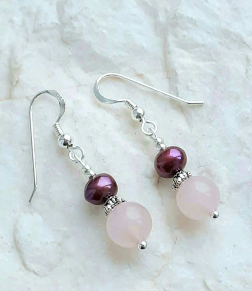 Rose Quartz And Amethyst Pearl Gemstone Earrings