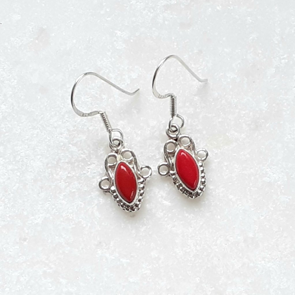 Coral Cabochon Gemstone Sterling Silver Earrings