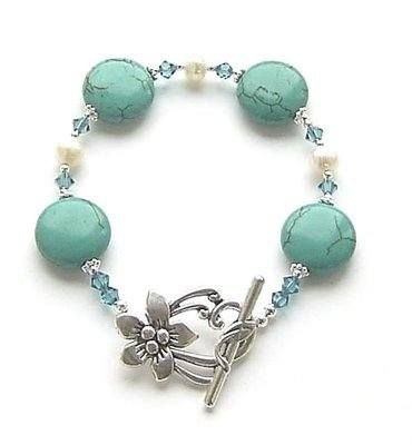 Turquoise Coin Gemstone And Pearl Silver Bracelet