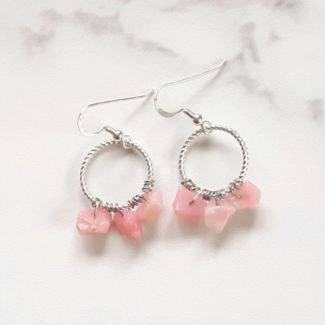 Pink Opal Gemstone Circle Sterling Silver Earrings