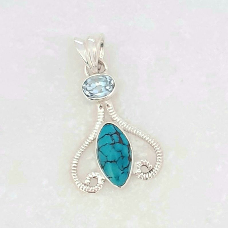 Turquoise And Blue Topaz Gemstone Silver Pendant