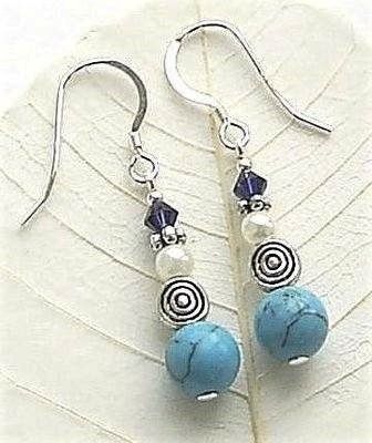 Turquoise Pearl And Iolite Sterling Silver Earrings